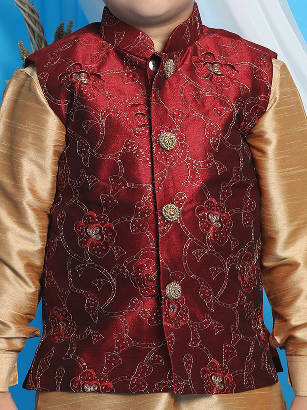 Boy's Maroon Embroidered Nehru Jacket With Rose Gold Kurta And Dhoti Set