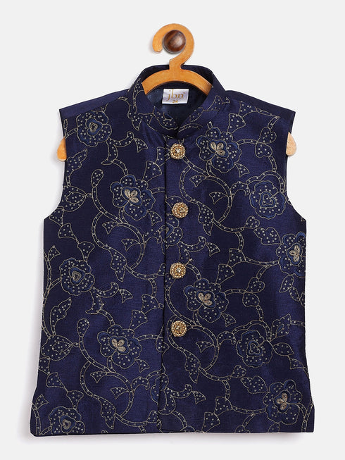 Boy's Navy Blue Silk Blend Embroidered Nehru Jacket