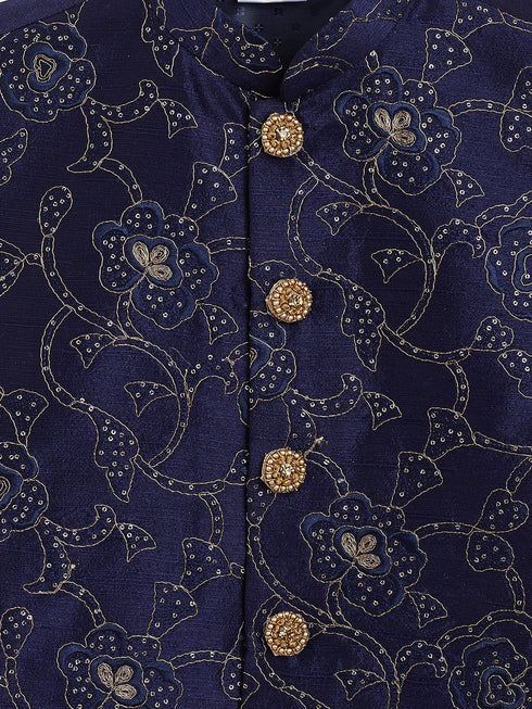 Boy's Navy Blue Silk Blend Embroidered Nehru Jacket