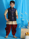 Boy's Navy Blue Embroidered Nehru Jacket With Gold Kurta And Maroon Dhoti Set