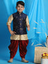 Boy's Navy Blue Embroidered Nehru Jacket With Gold Kurta And Maroon Dhoti Set