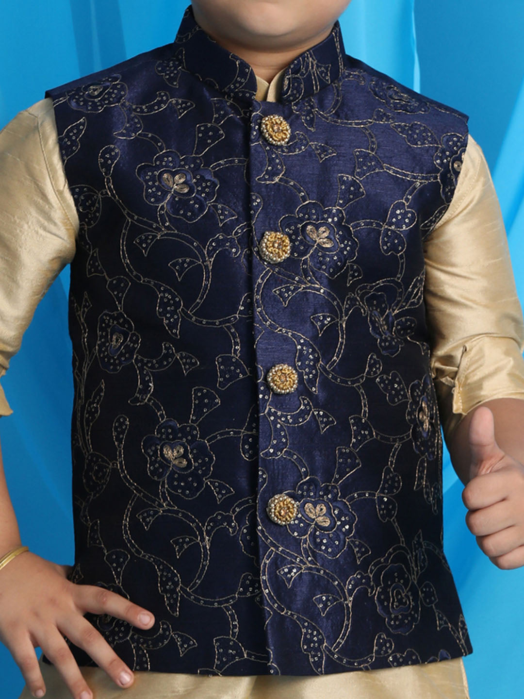 Boy's Navy Blue Embroidered Nehru Jacket With Gold Kurta And Maroon Dhoti Set