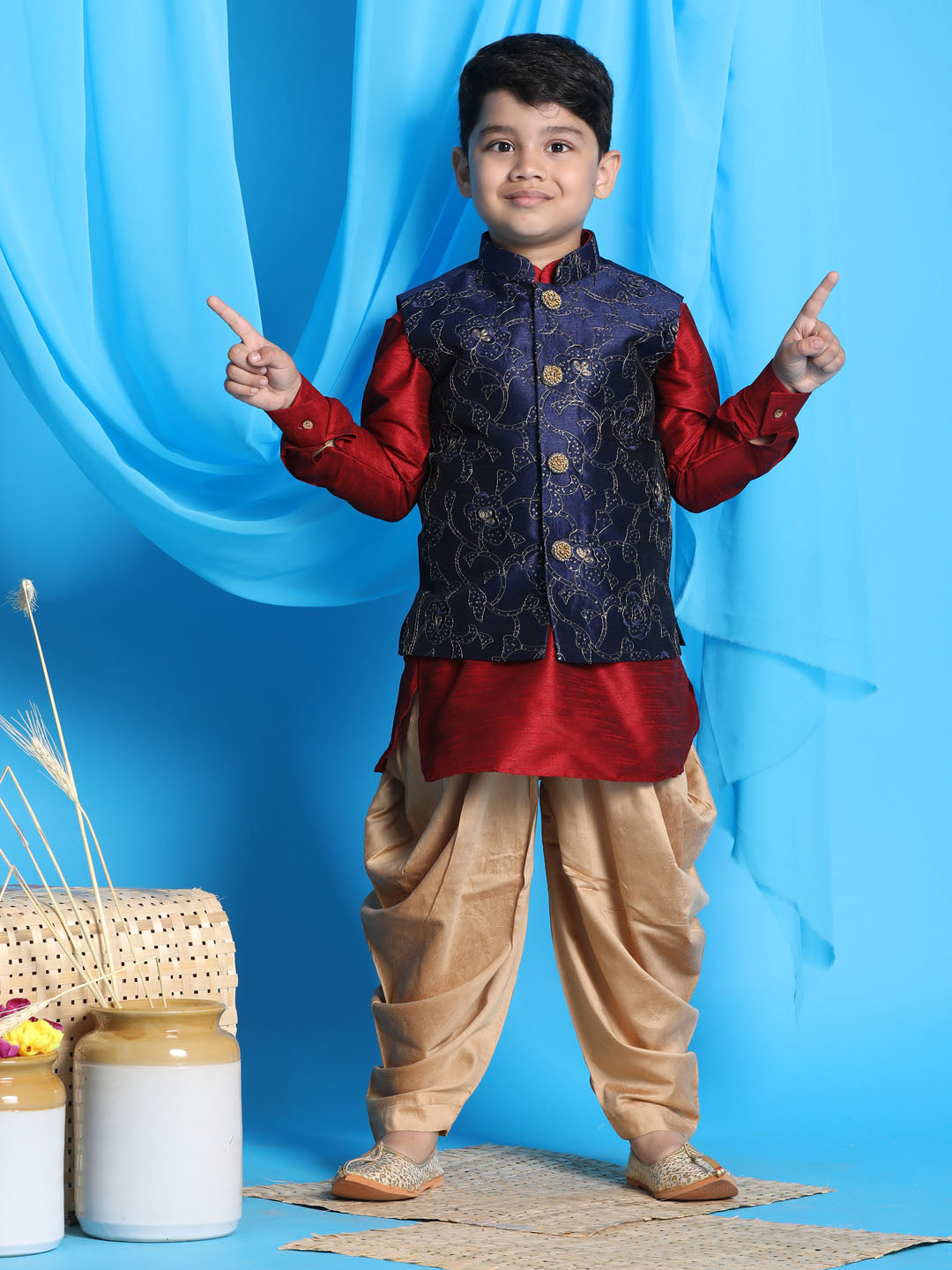 Boy's Navy Blue Embroidered Nehru Jacket With Maroon Kurta And Rose Gold Dhoti Set