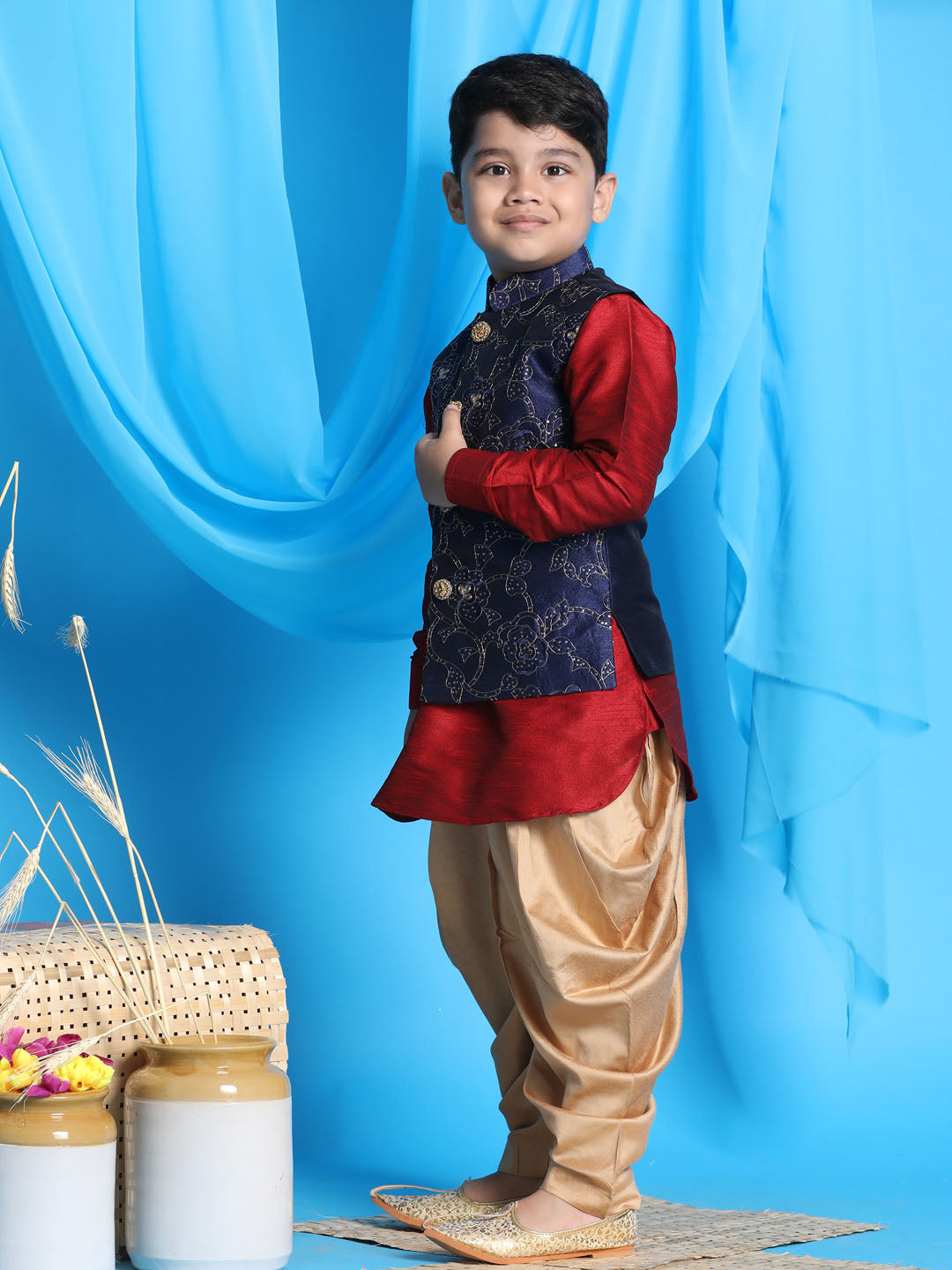 Boy's Navy Blue Embroidered Nehru Jacket With Maroon Kurta And Rose Gold Dhoti Set