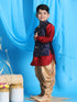 Boy's Navy Blue Embroidered Nehru Jacket With Maroon Kurta And Rose Gold Dhoti Set