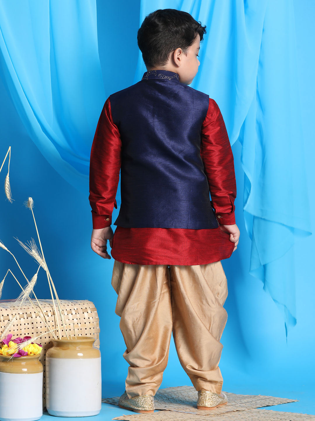 Boy's Navy Blue Embroidered Nehru Jacket With Maroon Kurta And Rose Gold Dhoti Set