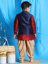 Boy's Navy Blue Embroidered Nehru Jacket With Maroon Kurta And Rose Gold Dhoti Set