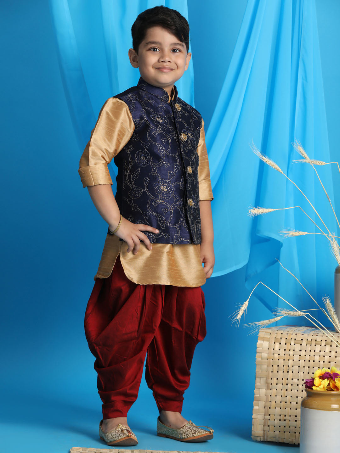 Boy's Navy Blue Embroidered Nehru Jacket With Rose Gold Kurta And Maroon Dhoti Set