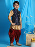 Boy's Navy Blue Embroidered Nehru Jacket With Rose Gold Kurta And Maroon Dhoti Set