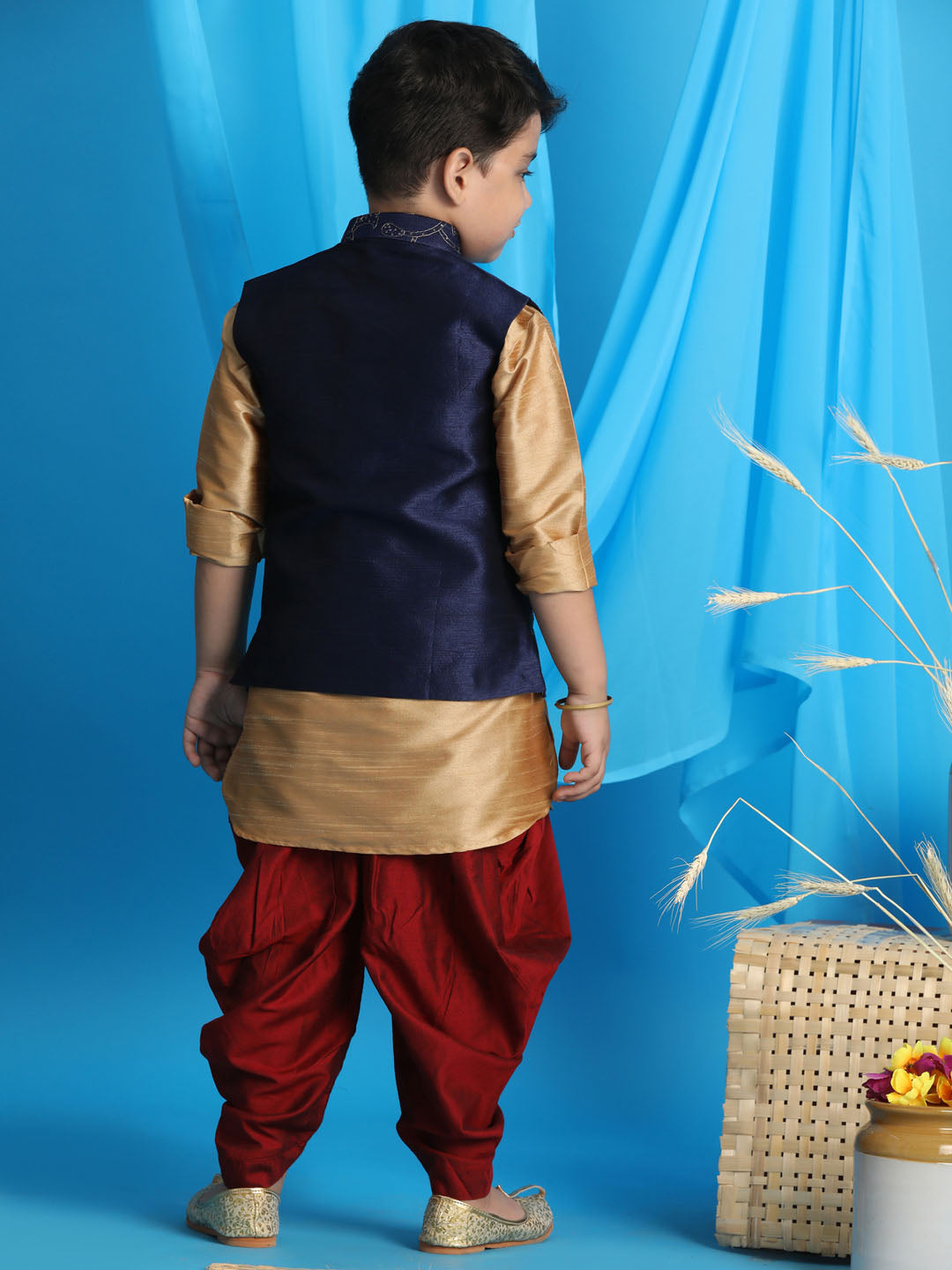 Boy's Navy Blue Embroidered Nehru Jacket With Rose Gold Kurta And Maroon Dhoti Set