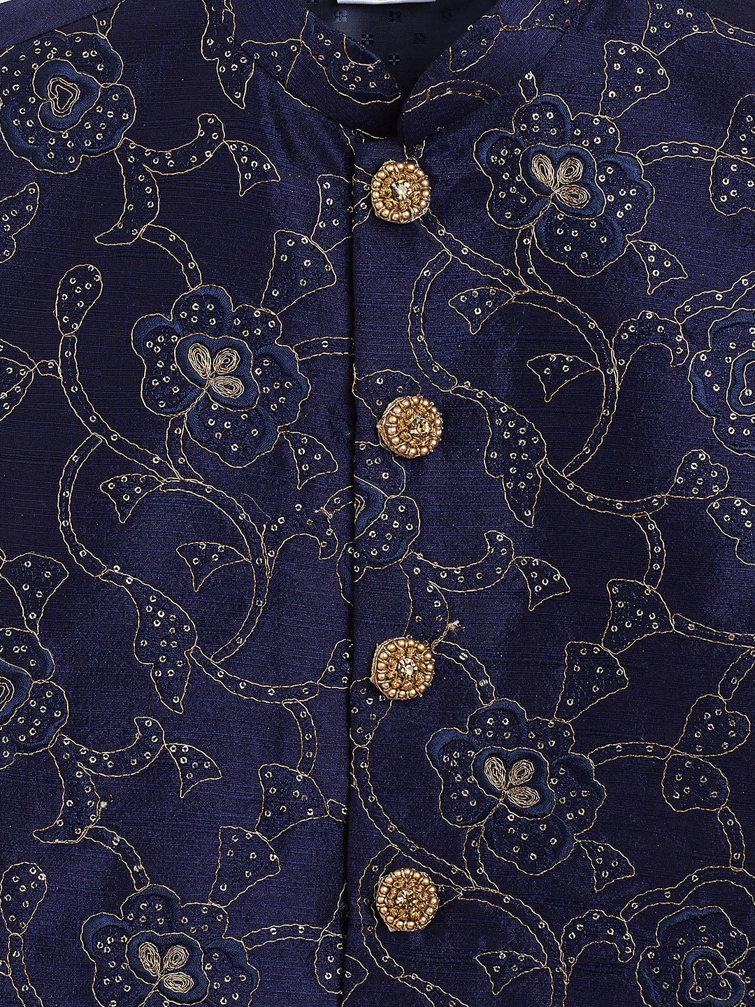 Boy's Navy Blue Embroidered Nehru Jacket With Rose Gold Kurta And Maroon Dhoti Set