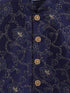 Boy's Navy Blue Embroidered Nehru Jacket With Rose Gold Kurta And Maroon Dhoti Set