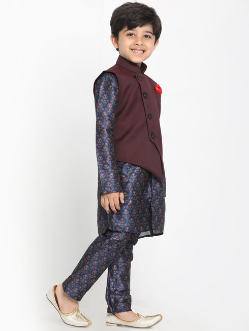 Boy's Maroon Twill Jacket, Printed Kurta And Pyjama Set