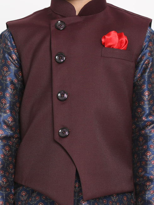 Boy's Maroon Twill Jacket, Printed Kurta And Pyjama Set