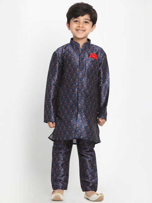 Boy's Maroon Twill Jacket, Printed Kurta And Pyjama Set
