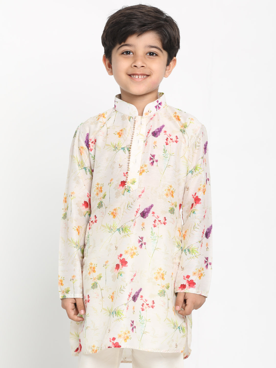 Boy's Multicolor-Base-Cream Cotton Blend Printed Kurta