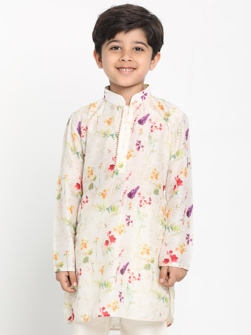 Boy's Multicolor-Base-Cream Cotton Blend Printed Kurta