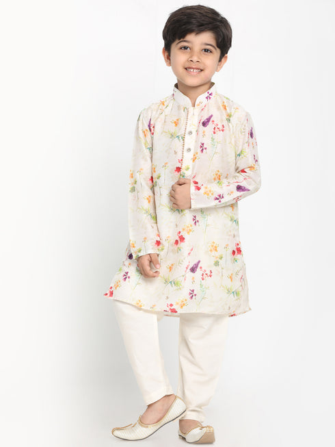 Boy's Multicolor-Base-Cream Cotton Blend Printed Kurta