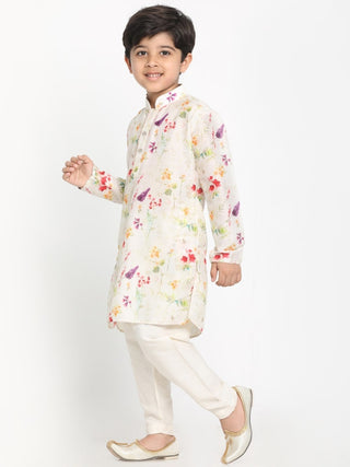 VASTRAMAY Boy's Printed Cream Cotton Blend Kurta and Pyjama Set