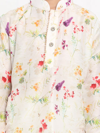 Vastramay Multicolor-Base-Cream Floral Printed Cotton Linen Siblings Set