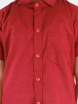 JBN Creation Boys' Cherry Maroon Cotton Short Sleeves Ethnic Shirt Mundu Vesty Style Dhoti Pant Set