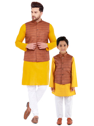 Vastramay Brown, Mustard And White Baap Beta Nehru Jacket Kurta Pyjama set