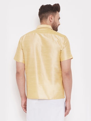 VASTRAMAY Men's & Boys Gold Solid Silk Blend Half Sleeve Ethnic Shirt