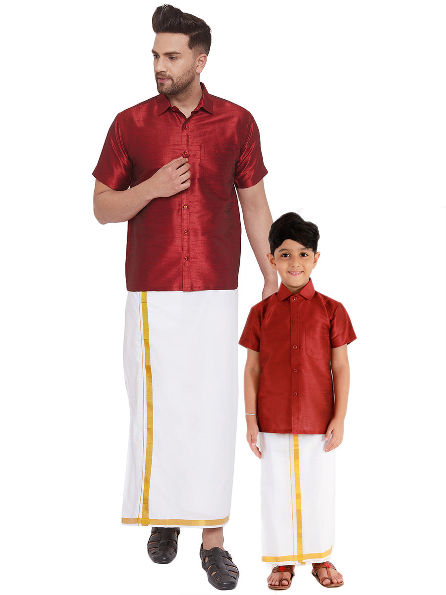 Men & Boys Gold Solid Silk buy Blend Half Sleeve Ethnic Shirt And Mundu Set, Father and son kurta set, Ethnic dress, gifts, Diwali, christmas