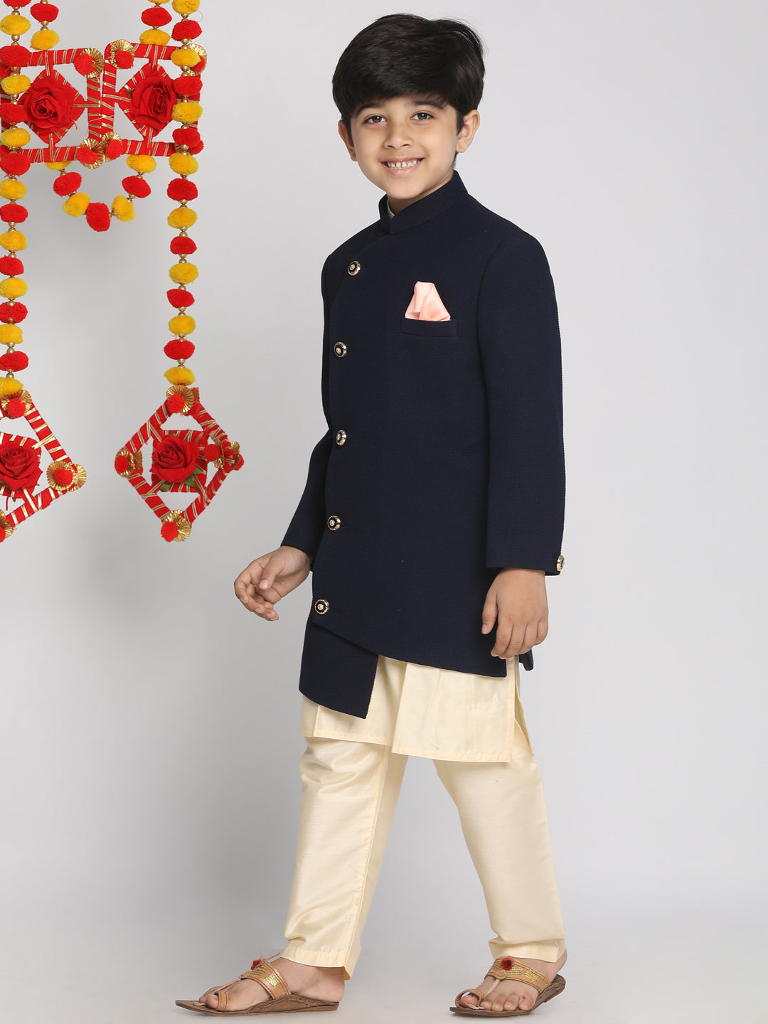 Boy's Blue Indo Western Jacket With Kurta And Pyjama Set