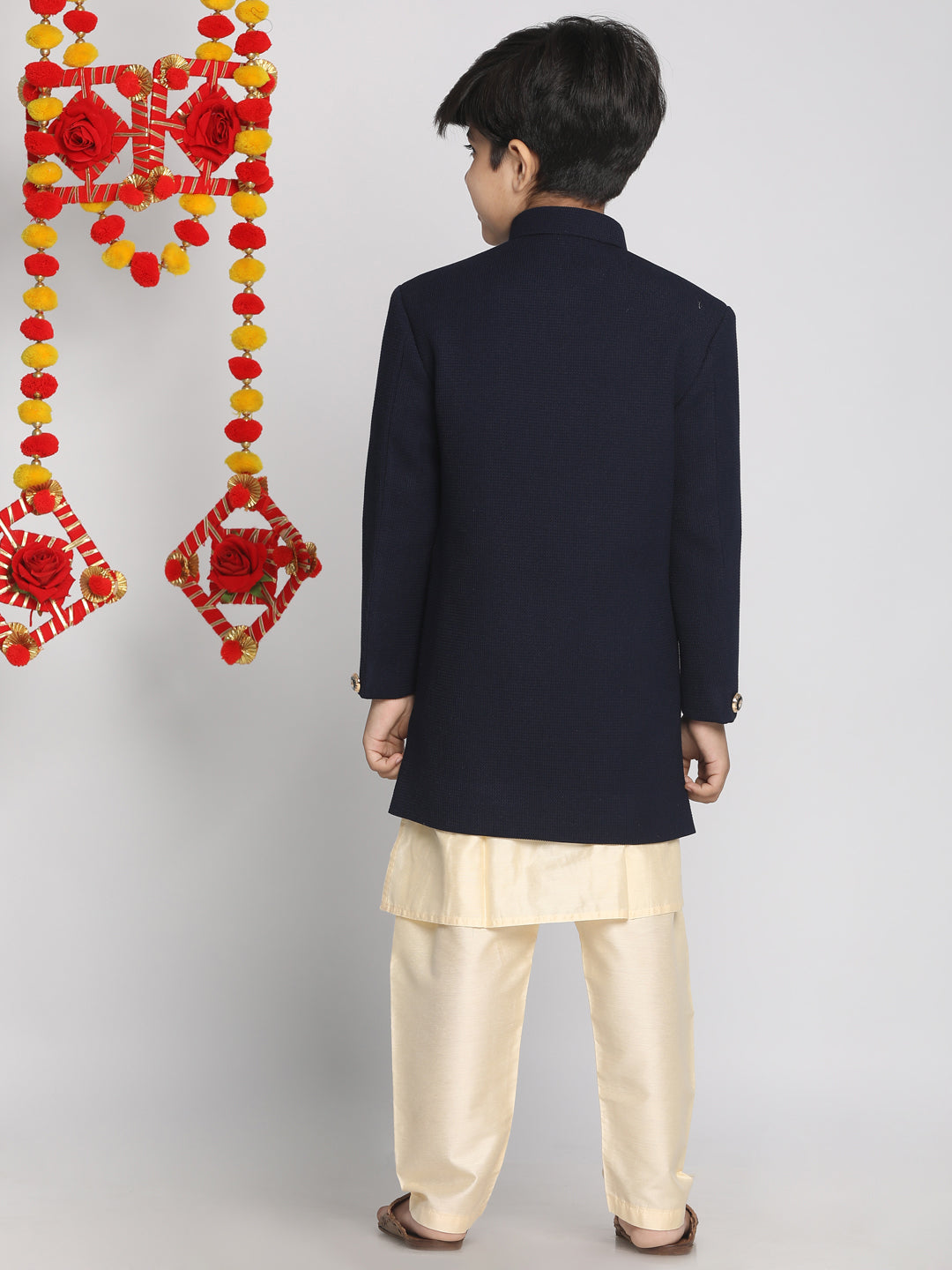 Boy's Blue Indo Western Jacket With Kurta And Pyjama Set