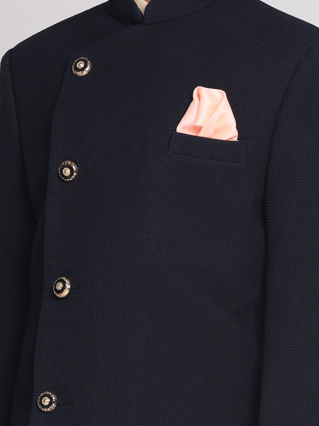 Boy's Blue Indo Western Jacket With Kurta And Pyjama Set