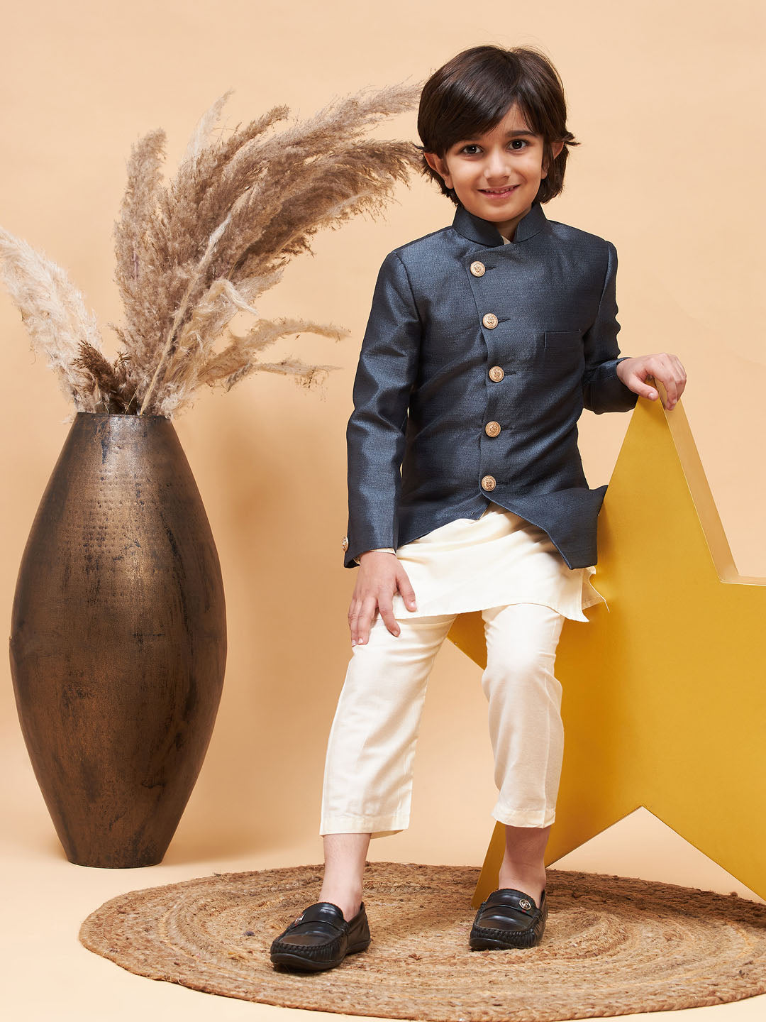 Boy's Grey Indo Western Jacket With Cream Kurta And Pyjama Set