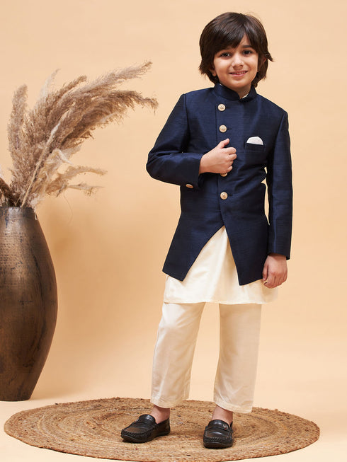 Boy's Navy Blue Indo Western Jacket With Cream Kurta And Pyjama Set