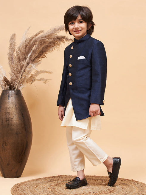 Boy's Navy Blue Indo Western Jacket With Cream Kurta And Pyjama Set