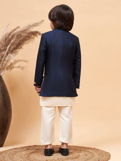 Boy's Navy Blue Indo Western Jacket With Cream Kurta And Pyjama Set