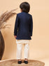 Boy's Navy Blue Indo Western Jacket With Cream Kurta And Pyjama Set