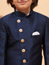 Boy's Navy Blue Indo Western Jacket With Cream Kurta And Pyjama Set