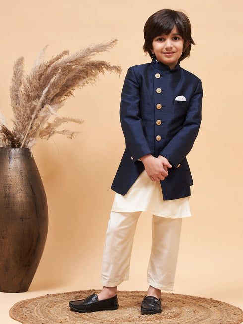 Boy's Navy Blue Indo Western Jacket With Cream Kurta And Pyjama Set