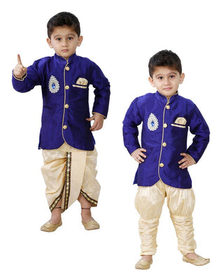 JBN CREATION Boys' Blue Cotton Silk Sherwani and Gold Dhoti Pants & Breedges Pants