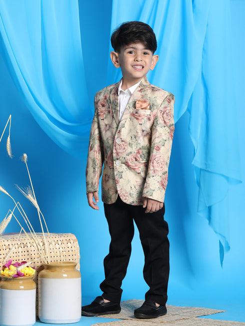 Boy's Beige Silk Blend Floral Print Blazer