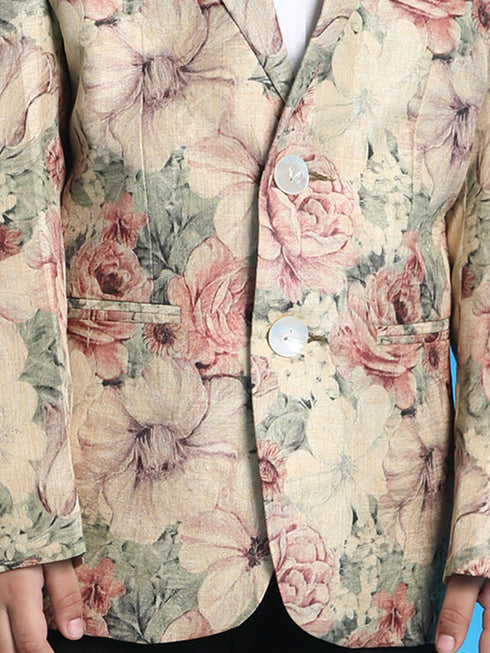 Boy's Beige Silk Blend Floral Print Blazer