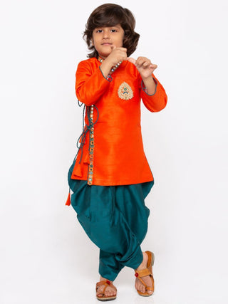 Boys' Orange Cotton Silk Kurta and Dhoti Pant Set
