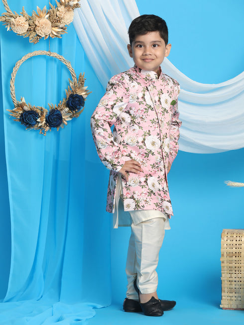 Boy's' Multicolored-Base-Pink Indowestern Set