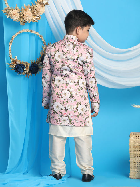Boy's' Multicolored-Base-Pink Indowestern Set