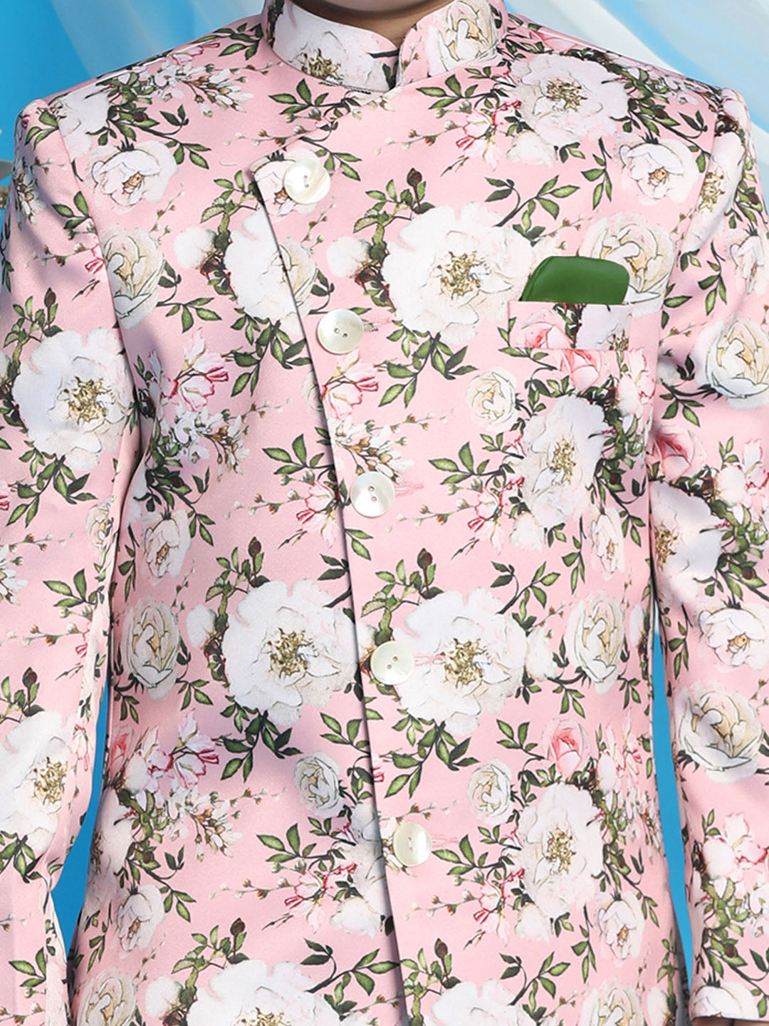 Boy's' Multicolored-Base-Pink Indowestern Set