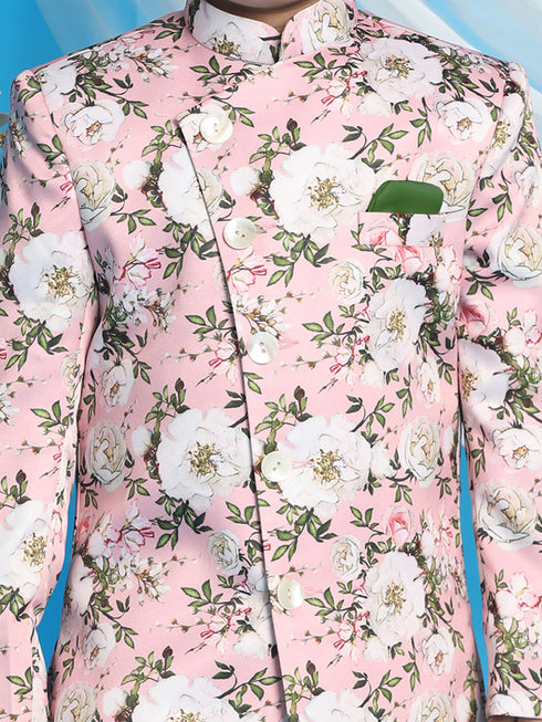 Boy's' Multicolored-Base-Pink Indowestern Set