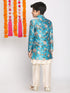 Boy's' Multicolored-Base-Turquoise Indowestern Set