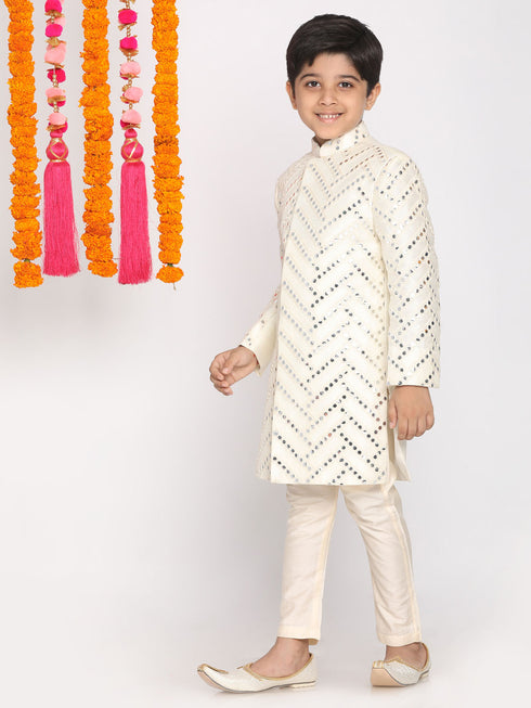 Boy's Cream-Colored Mirror Work Embellished Slim Fit Sherwani Set