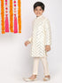 Boy's Cream-Colored Mirror Work Embellished Slim Fit Sherwani Set