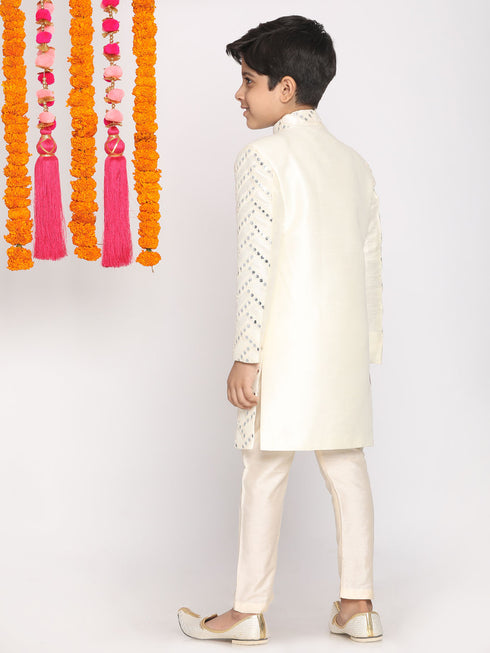 Boy's Cream-Colored Mirror Work Embellished Slim Fit Sherwani Set